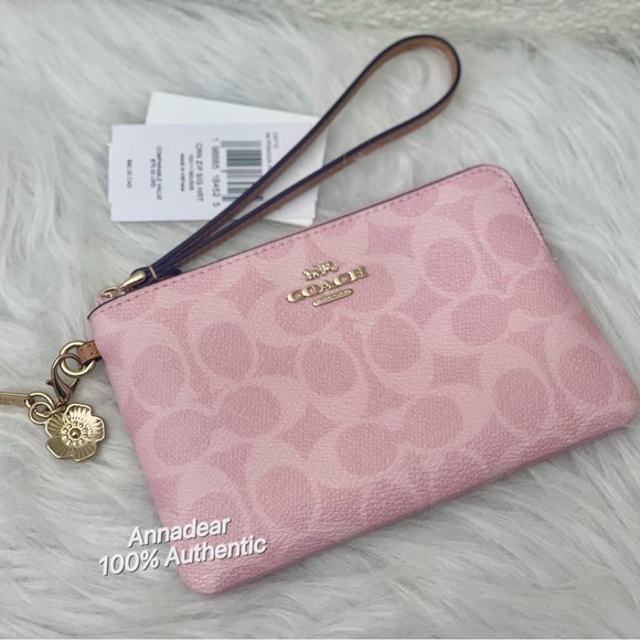 NWT Coach CEF72 Corner Zip Wristlet Signature Canvas with Charm Gold Powder Pink - Picture 2 of 8